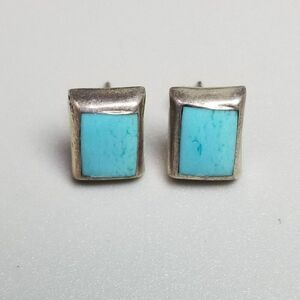 Vintage Sterling Silver and Blue Stud Earrings, Flush Set Rectangle Shape